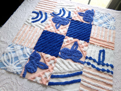 peach frost vintage chenille fabric squares, set of 16 peach & blue quilt blocks 6" ea, for fiber arts, sewing, quilting