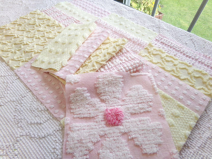 celebrate spring vintage chenille fabric squares, set of 17 pink & yellow 6" blocks for crafts, sewing