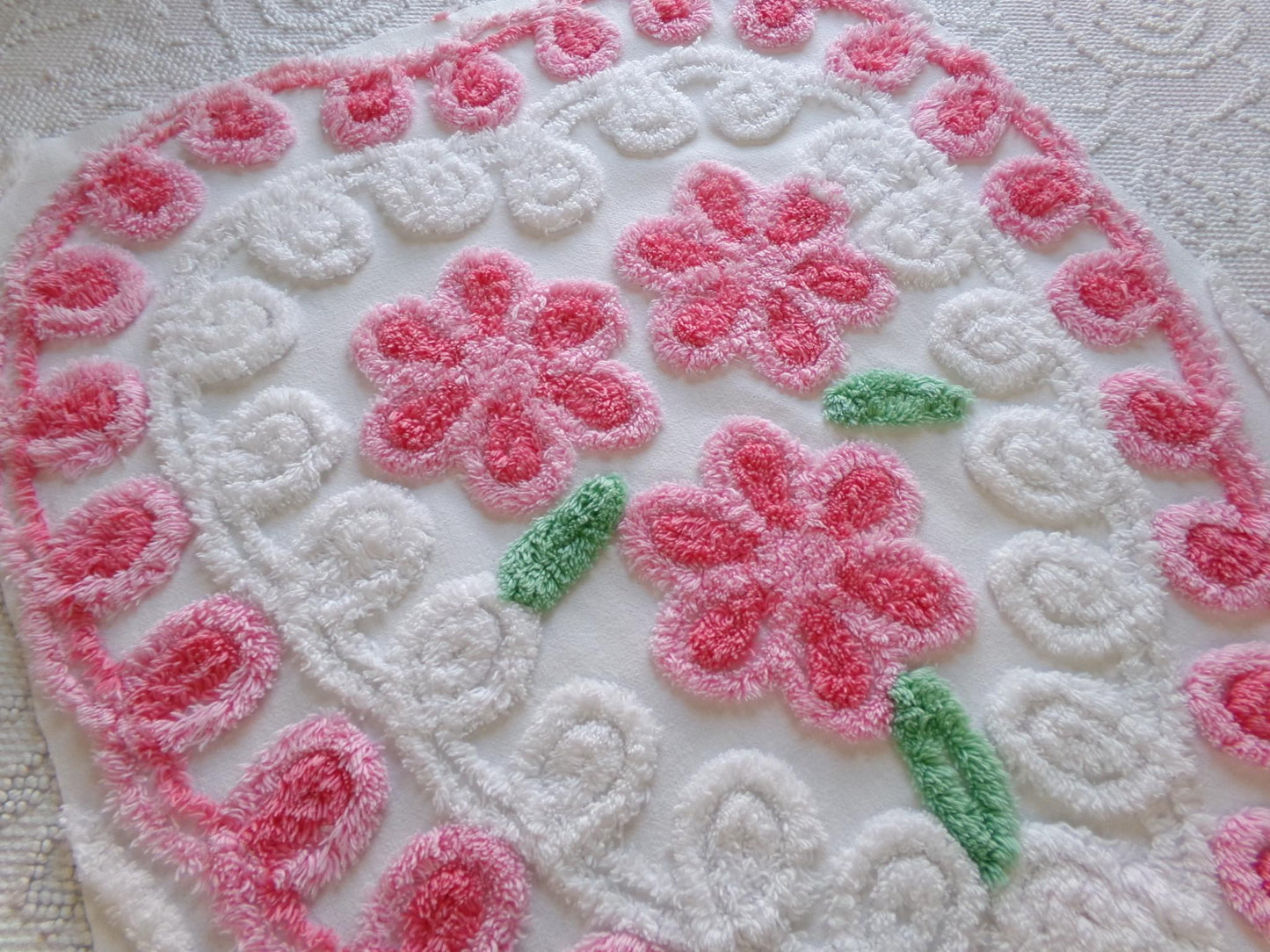 pretty pink heart vintage chenille fabric, a trio of roses with curlicue swirls, 17" x 23" inch piece of sewing material great for pillow