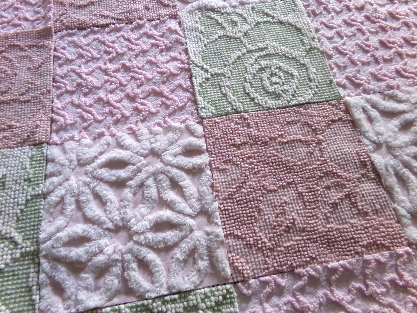 Garden Walk Chenille Quilt Squares Set from Vintage Bedspread Fabric, 16 Blocks, 6" inch in Sage Green, Pink, Rose Mist & Whispers of White