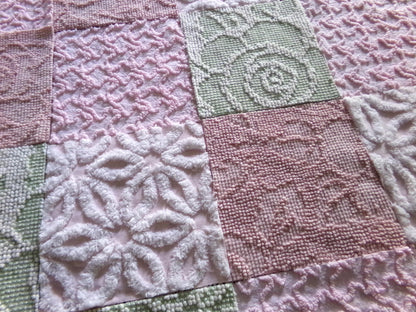 Garden Walk Chenille Quilt Squares Set from Vintage Bedspread Fabric, 16 Blocks, 6" inch in Sage Green, Pink, Rose Mist & Whispers of White