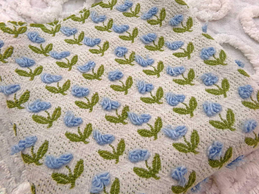 Tulip Garden Vintage Chenille Bedspread Fabric, Little Blue Flowers & Green Leaves, 12" x 24" inch Piece, Sewing Material for Quilts, Crafts