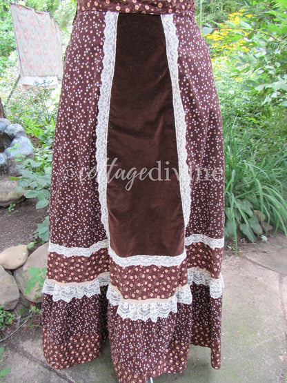 GUNNE SAX Prairie Skirt Velvet Front Chocolate Brown Calico Gunnies Vintage 1970s Maxi Skirt, XXS