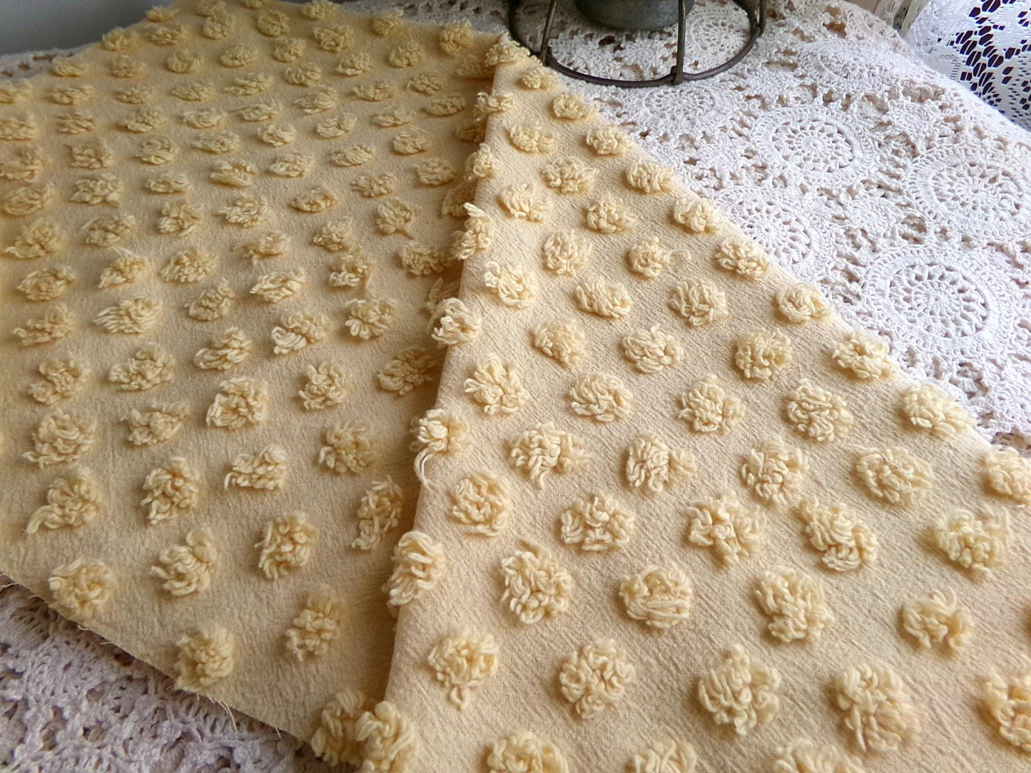 puffy gold pops vintage chenille fabric, boho style sewing material for handmade chenille quilts & crafts, 20" x 24" piece