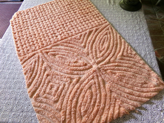 Plush Peach Glow Chenille Material, 20" x 32" inch Vintage Fabric Piece, Thickly Tufted Waffle Grid & Geometric Flower Petals