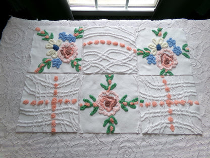 summer garden chenille fabric squares, set of 6 vintage 7.5" quilt blocks, peach, white rose floral & geometric for sewing, crafts, quilting