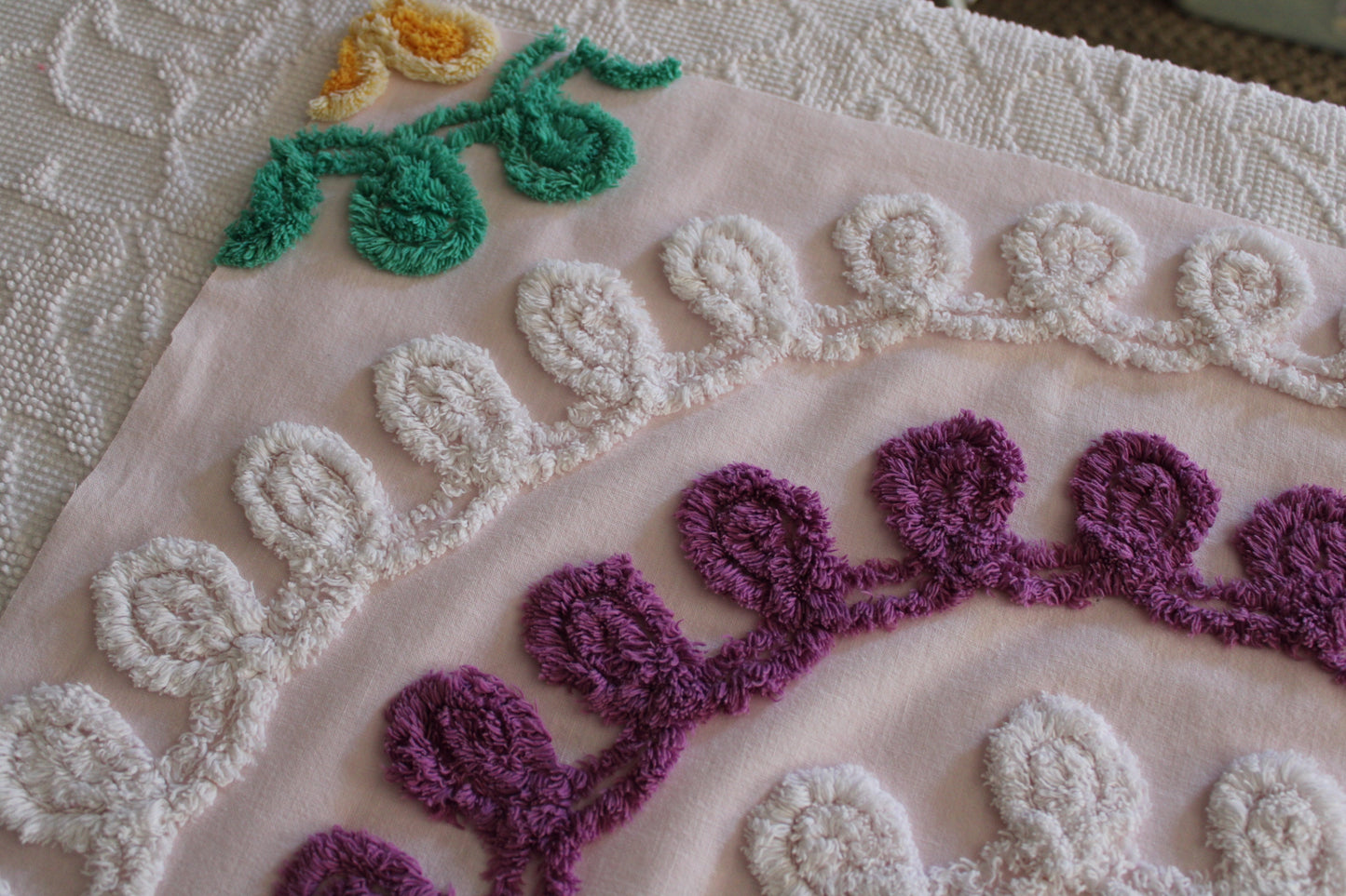 Cherished Soft Pink Birthday Cake Vintage Chenille Quilt FABRIC, 24" x 25" Piece, Thin Lightweight Cotton