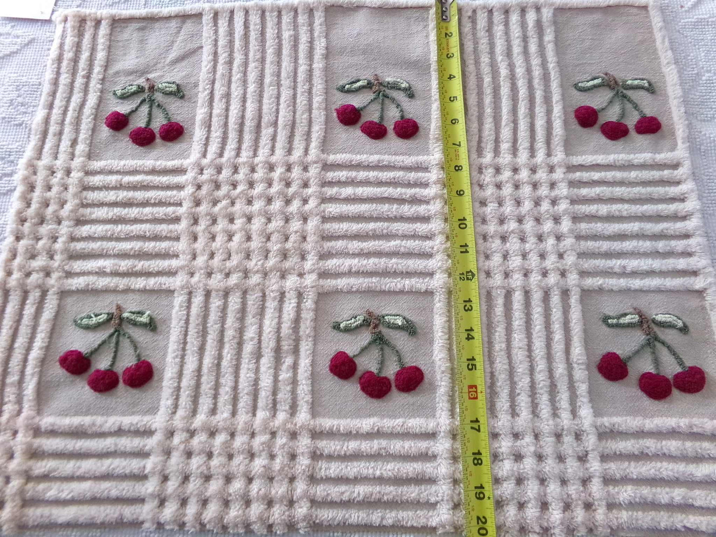 Adorable Cherries Vintage Chenille Fabric, 18" x 24" inch piece of sewing material with 6 cherry bunches for quilts, pillows, wall hanging