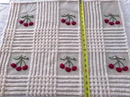 Adorable Cherries Vintage Chenille Fabric, 18" x 24" inch piece of sewing material with 6 cherry bunches for quilts, pillows, wall hanging
