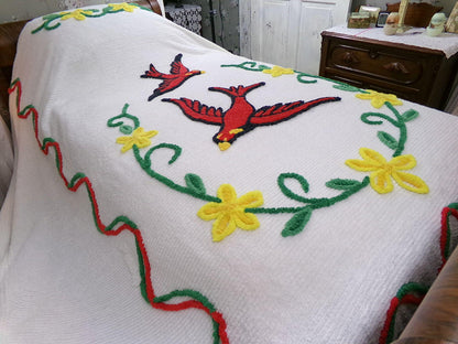 wings of love vintage chenille bedspread, majestic red cardinal birds in a garland of flowers, 100% soft cotton coverlet, full size bedding