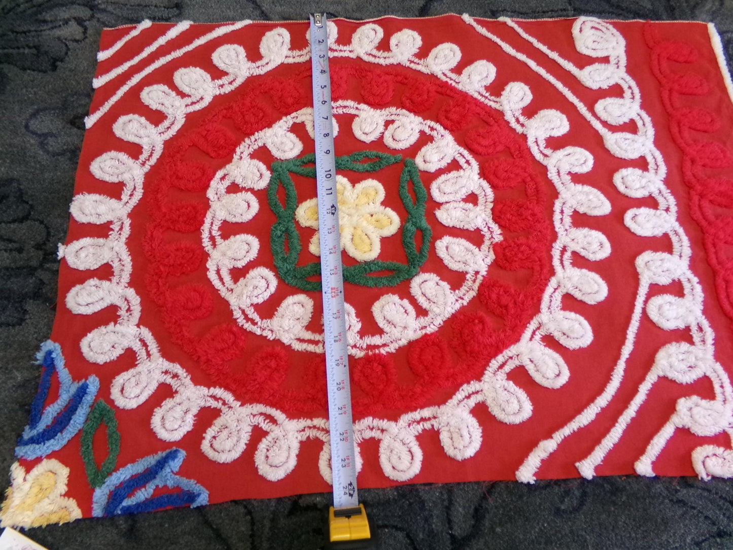 passion red vintage chenille fabric, large circular labyrinth of curlicues, large 32" x 23" cut piece for sewing, wall hanging, quilts