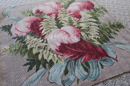 Divine Feathery Pink Plume Vintage Barkcloth Fabric, 19" x 19" inch Piece, Botanical Floral Print on Cool Grey, Great for DIY Pillows