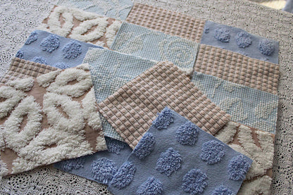 Beach Walk Vintage Chenille Fabric Squares, Blue, White & Sand Craft Square Set, 16 Blocks, 6" x 6" inch, Modern Chic