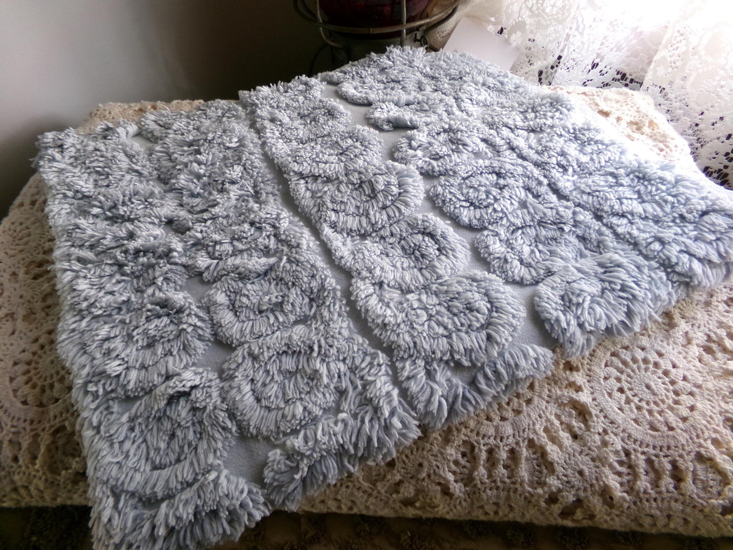 plush looping curlicues vintage chenille fabric, 21" x 24" cut piece in dreamy dusty blue, soft & so pretty