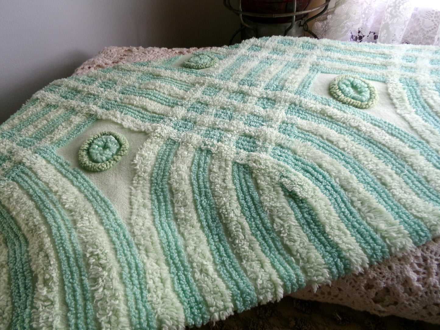 Retro Two Tone Shamrock Green Vintage Chenille Fabric Material, 18" x 31" inch Piece, Donut Dots, Long Tonal Stripes