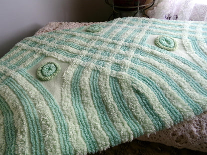 Retro Two Tone Shamrock Green Vintage Chenille Fabric Material, 18" x 31" inch Piece, Donut Dots, Long Tonal Stripes
