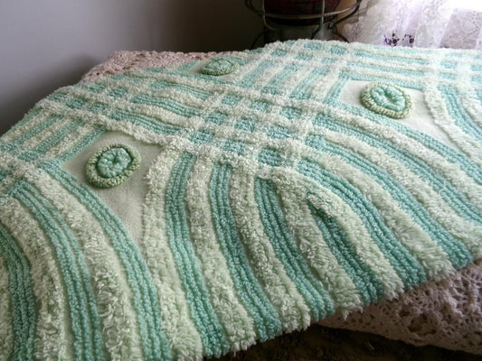 Retro Two Tone Shamrock Green Vintage Chenille Fabric Material, 18" x 31" inch Piece, Donut Dots, Long Tonal Stripes