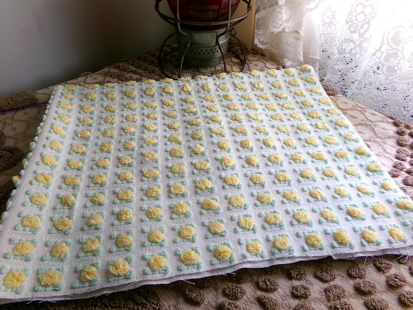 playful yellow rosebud vintage chenille fabric, cheerful lemon rose 18" x 24" inch piece of quilt fabric for sewing & crafts