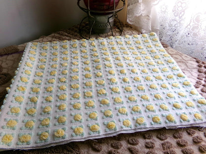 playful yellow rosebud vintage chenille fabric, cheerful lemon rose 18" x 24" inch piece of quilt fabric for sewing & crafts