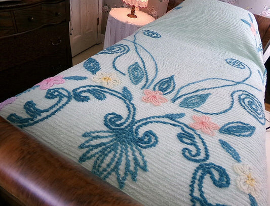 Mint Green Vintage Full Chenille Bedspread Midcentury Sprawling Scroll Floral Design
