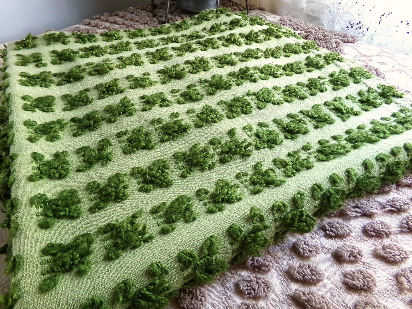 Hippie Chic Vintage Green Rosebud Chenille Fabric, 18" x 24" inch Piece, Boho Fabulous Tonal Roses