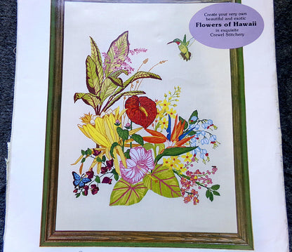 PARADISE FOUND Vintage Crewel Embroidery Kit, Flowers of Hawaii Tropical Hummingbird, Paragon 0308 Stitchery, Georgia Ball Design