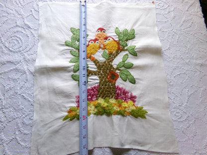 Hippie Fairytale Owl Embroidery Finished 1970s Piece, "Winkin, Blinkin & Nod," Cute Completed Paragon Crewel Stitchery 02236x, 16" x 19"