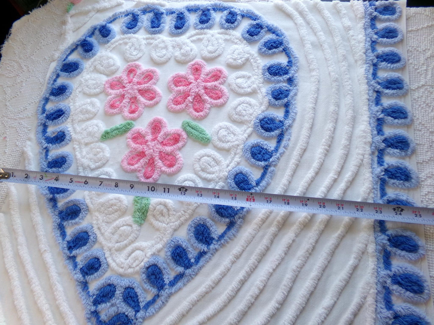 sweet 'n shabby vintage chenille fabric, pink & blue rose heart design, 24" x 25" piece of sewing material