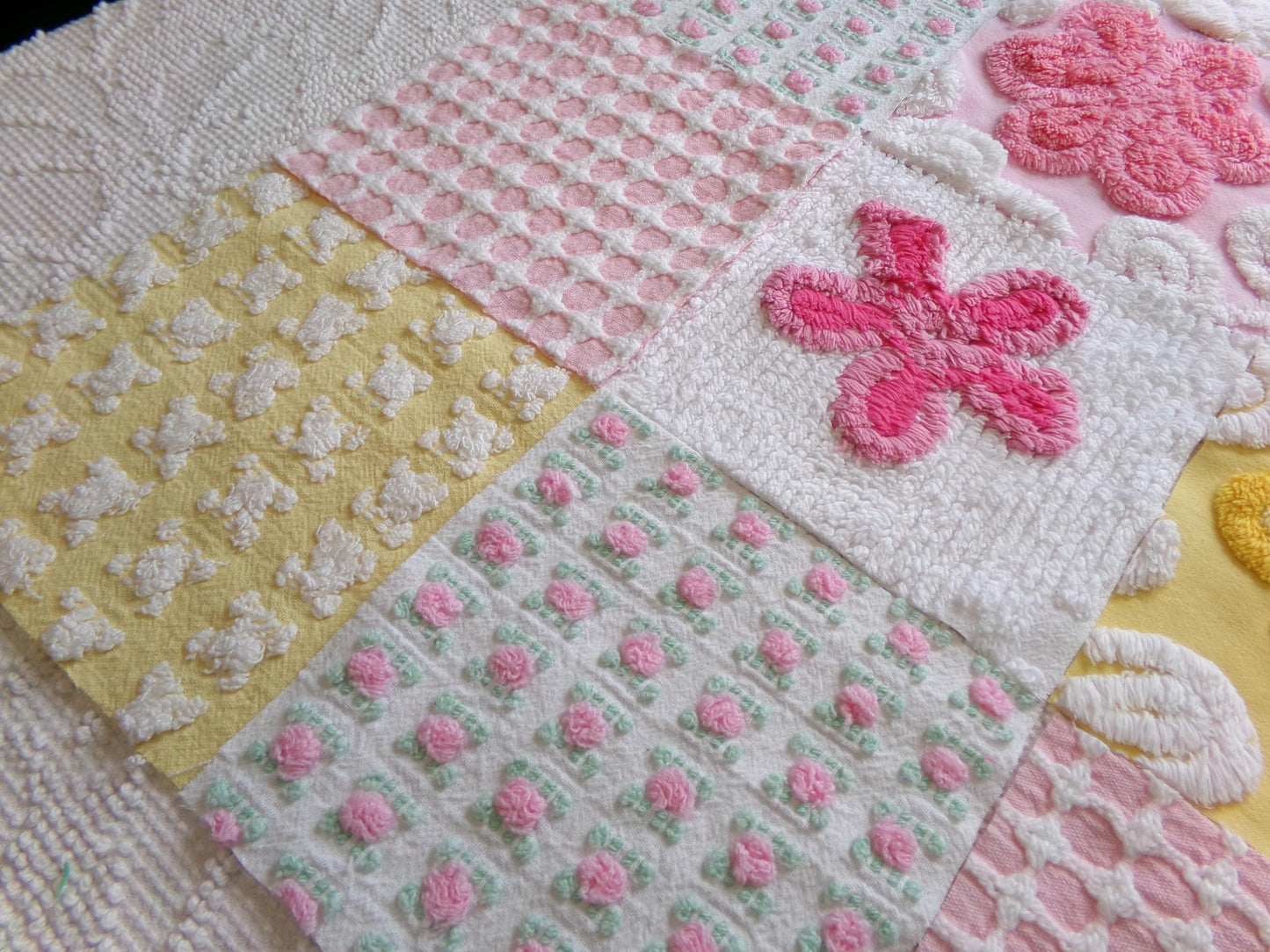 vintage chenille fabric squares, "spring sunrise" set of 16 floral 6" quilt blocks in yellow, pink & white