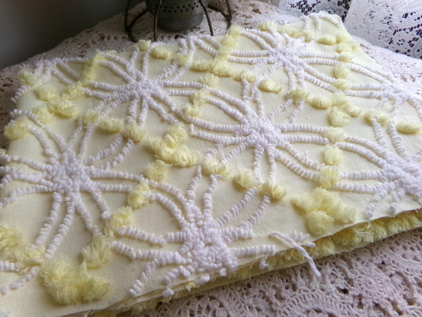 springtime yellow & white chenille fabric, vintage 27" x 21" inch piece of quilt material with fluffy pops, needletuft spider rings