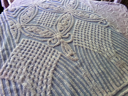 Shabby Chic Vintage Fabric, Porcelain White Rose Floral Chenille on Cloud Blue Cotton, 24" x 30" inch Piece, So Pretty in Pillows & Quilts