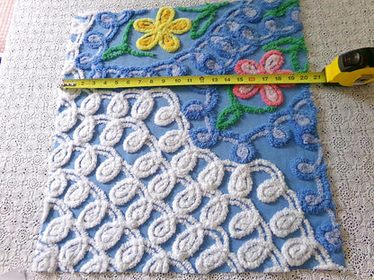 Teardrop Blue Floral Vintage Chenille Fabric, 20" x 21" Inch Piece, Great for Pillow Cover