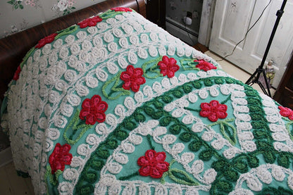 Dazzling Vintage Green Chenille Bedspread, Plush Cherry Pink Red Roses, Full Size