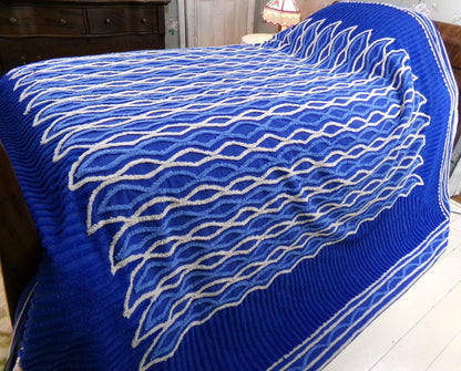 blue flame vintage chenille bedspread, dramatic unique geometric design, full size cotton bedding