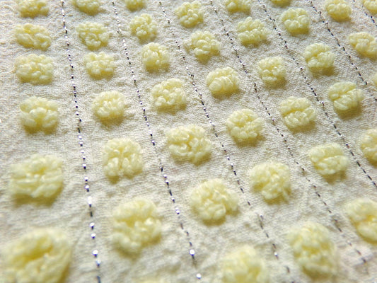 cheery cute yellow pops vintage chenille fabric, nubby dots & silver lurex, 18" x 24" cut piece of sewing material for quilting, crafts