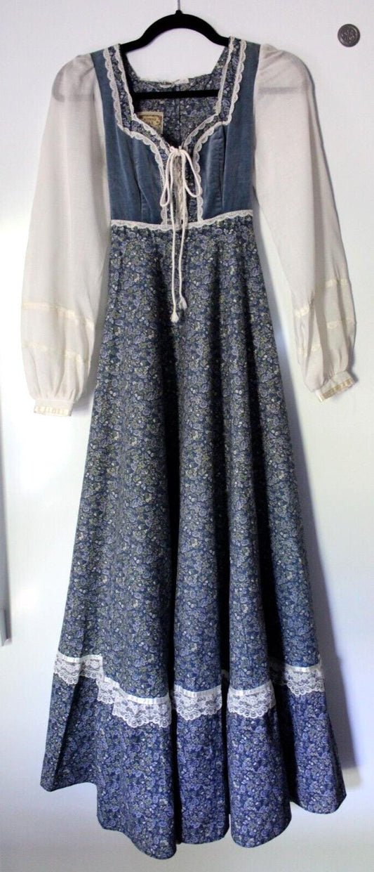 Vintage Gunne Sax Prairie Dress, Morning Glory Velvet Corset, Maxi Gown, SUPER SMALL