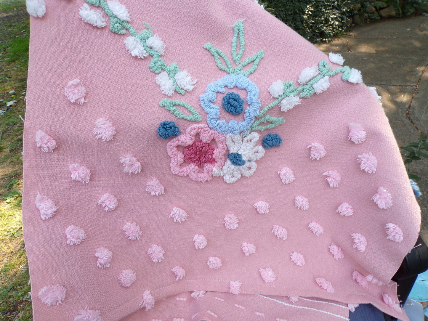 Vintage Rosy Floral Dot Chenille Fabric, 33" x 16"-inch Piece, Cabin Crafts, Cotton
