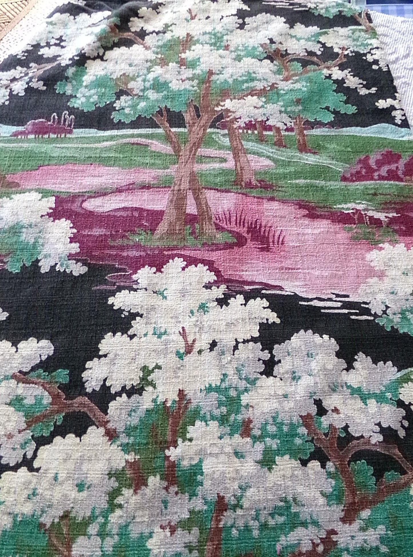 dramatic piece of vintage black barkcloth fabric in mystic tree print, 20" x 35" inch piece from deconstructed curtain panel