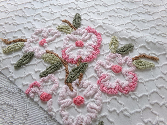 beautiful piece of vintage pink floral chenille fabric, chain link white texture, 15" x 27" inches, great for a pillow or small wall hanging