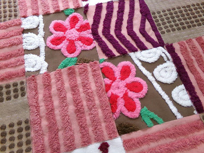 chocolate cake vintage chenille fabric squares, set of 16 yummy 6" craft blocks in brown & mauve pink for quilt inlays, pillows, fiber arts