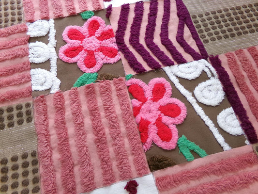 chocolate cake vintage chenille fabric squares, set of 16 yummy 6" craft blocks in brown & mauve pink for quilt inlays, pillows, fiber arts