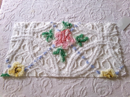 pretty pink rose fabric piece, vintage floral chenille cottage shabby sewing material, 11" x 22" inches