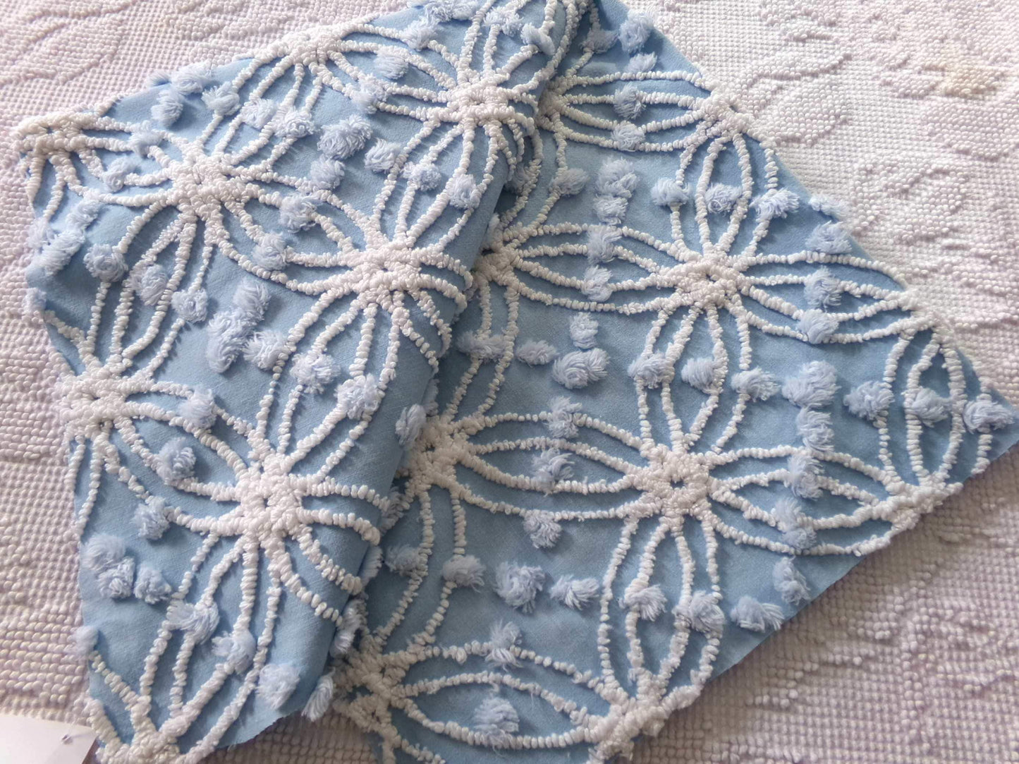 cottage coastal chic fabric, 22" x 24" inch piece cut from vintage chenille bedspread, needletuft white wedding rings with overtufted pops