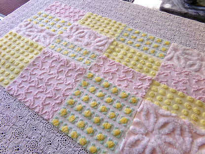 Spring Dance Chenille Quilt Squares, Cheerful Craft Square Set from Vintage Bedspread Fabric, 16 Blocks, 6" x 6" inch, Pink & Yellow