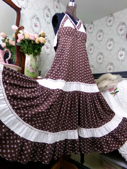 Vtg Gunne Sax Halter Dress Rare Brown Oak Acorn Print Boho Prairie Sundress