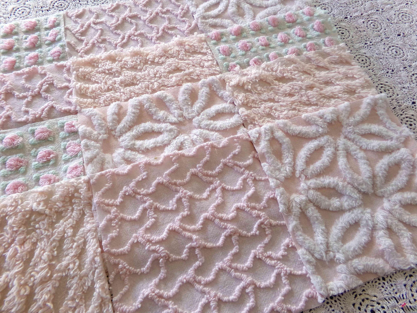 Spring Glow Chenille Quilt Squares Set from Vintage Bedspread Fabric, 16 Blocks, 6" inch ea in pretty daisies, pink rosebuds, peach lattice