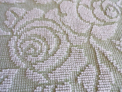 Sage Green Creamy White Cabbage Rose Chenille Fabric, 19" x 23" inch Piece, Vintage Fieldcrest Reversible Hobnail Design, Durable & Strong