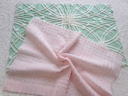 Vintage Chenille Fabric: 2 Pieces Quilt Material 12" x 18" each in Jade Green Tufts & Ballet Pink Dash Dots