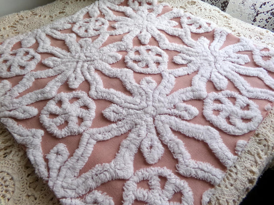 plush snowflake pinwheel vintage chenille fabric, antique sewing material, 15" x 28" inch piece