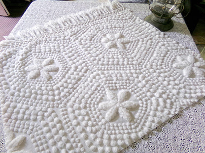 star mist white vintage chenille fabric, coastal 3D radiating starry pop motifs, 21" x 26" cut piece with fringe for pillows handmade quilts